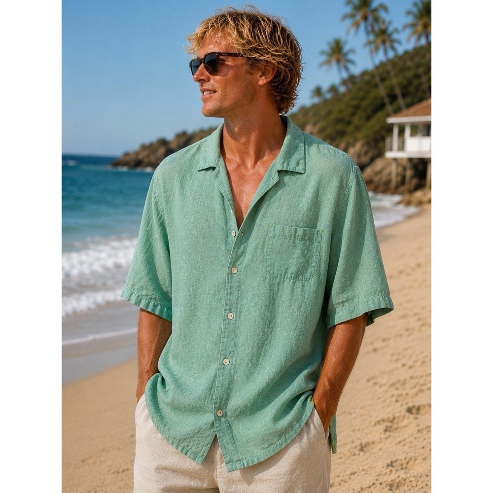 Tommy Bahama 2XLT 100% Linen Short Sleeve Button Up Turquoise Green